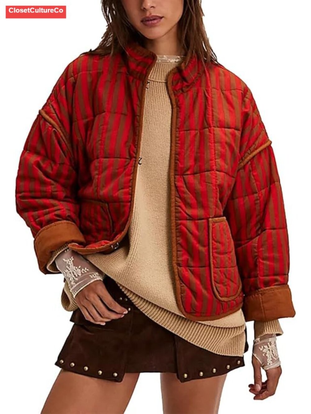 Quilted Striped Cropped Puffer Jacket Stand Collar Contrast Trim